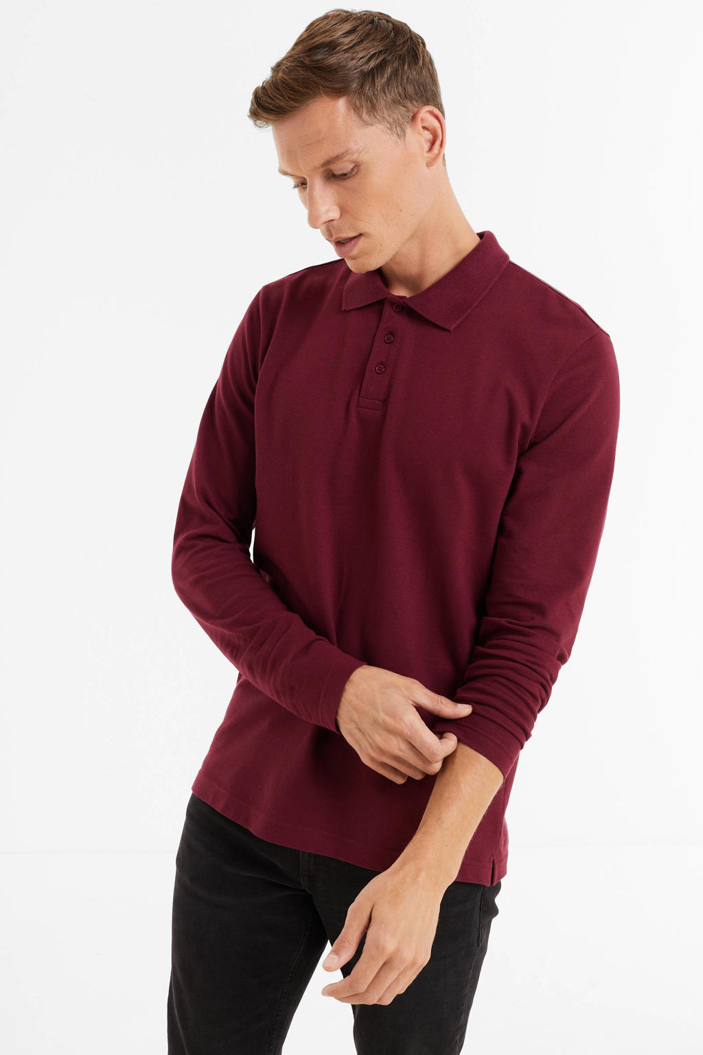 Donkerrode heren anytime piqué longsleeve polo van katoen met effen, lange mouwen en klassieke kraag