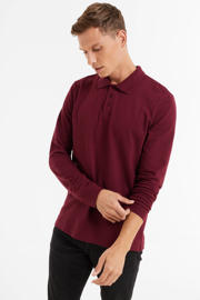 thumbnail: Donkerrode heren anytime piqué longsleeve polo van katoen met effen, lange mouwen en klassieke kraag