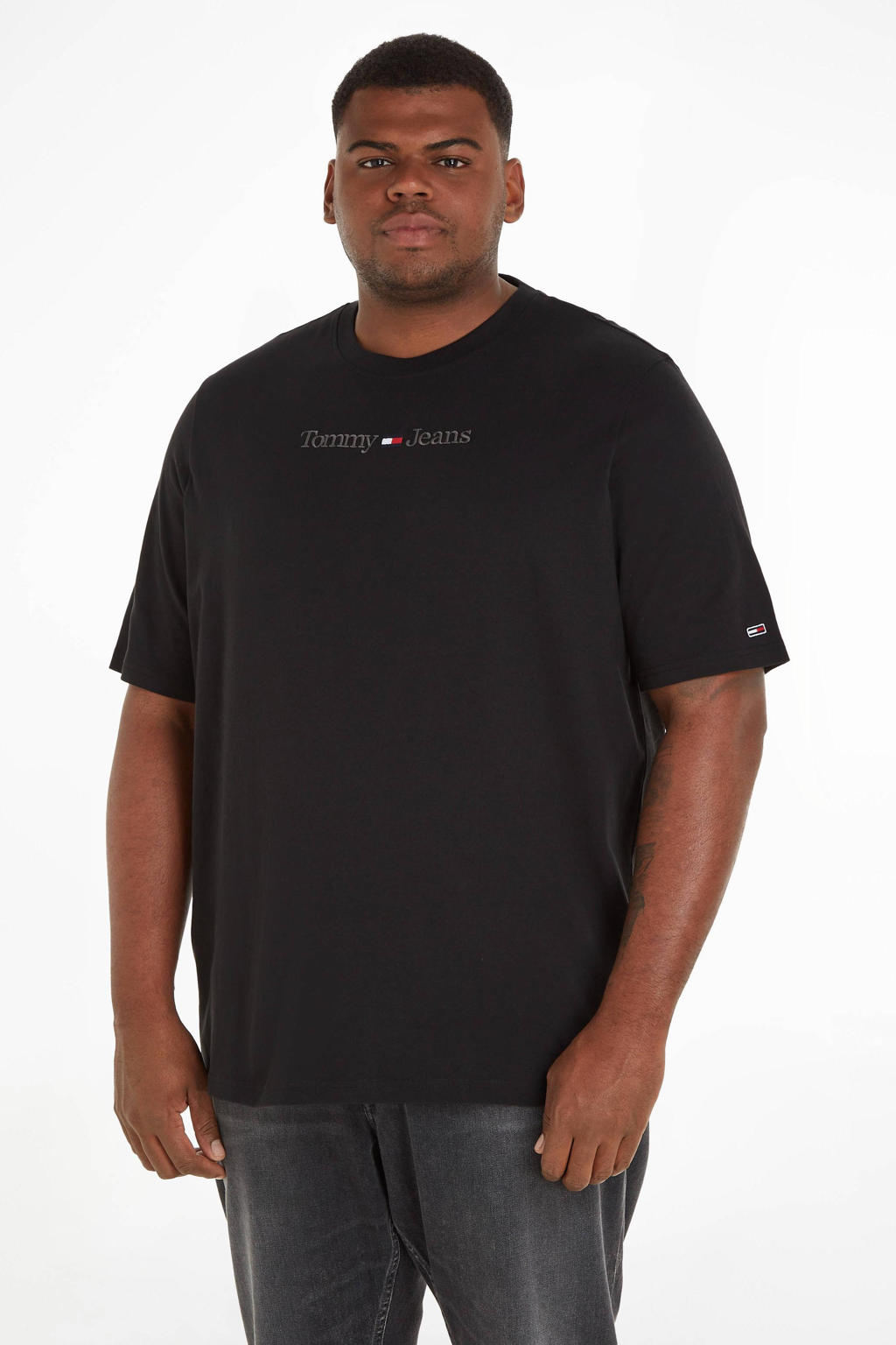 Zwarte heren Tommy Jeans Big & Tall T-shirt van katoen met logo dessin, korte mouwen en ronde hals