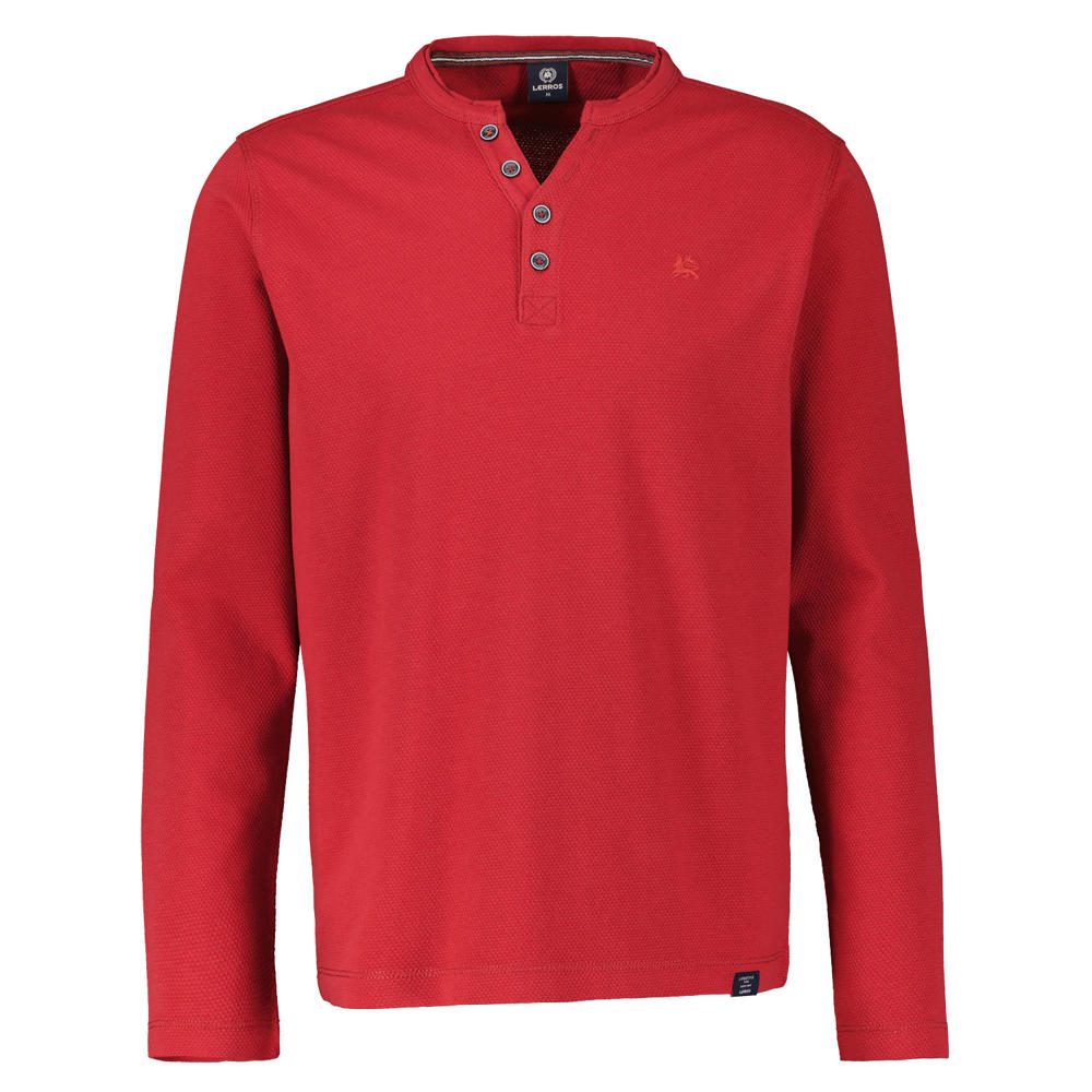 Rode heren LERROS regular fit T-shirt van katoen met logo dessin, lange mouwen en henleykraag