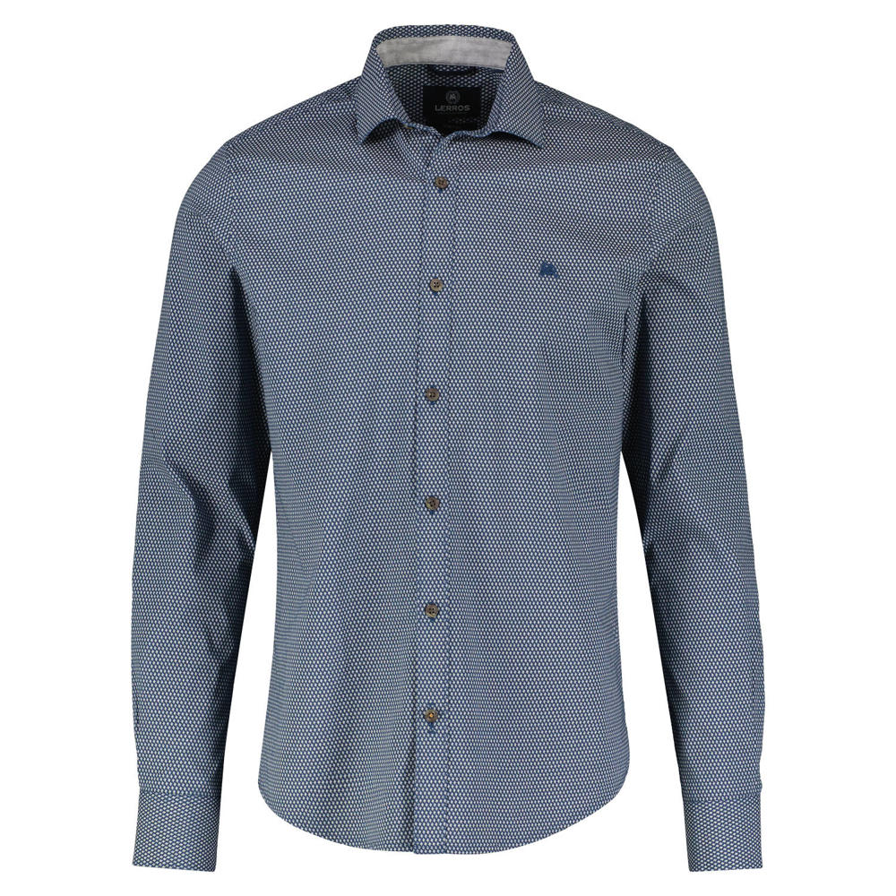 Blauwe heren LERROS regular fit overhemd van katoen met all over print, lange mouwen, klassieke kraag en knoopsluiting