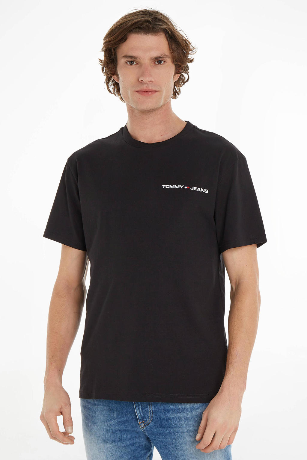 Zwarte heren Tommy Jeans T-shirt van katoen met logo dessin, korte mouwen en ronde hals
