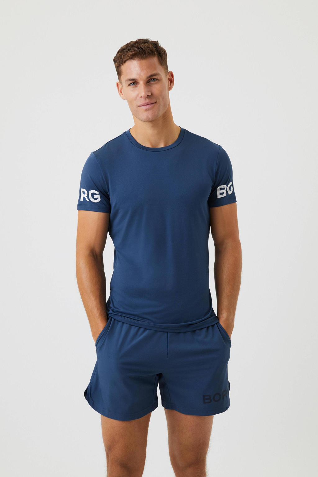 Blauwe heren Björn Borg sport T-shirt van gerecycled polyester met korte mouwen en ronde hals