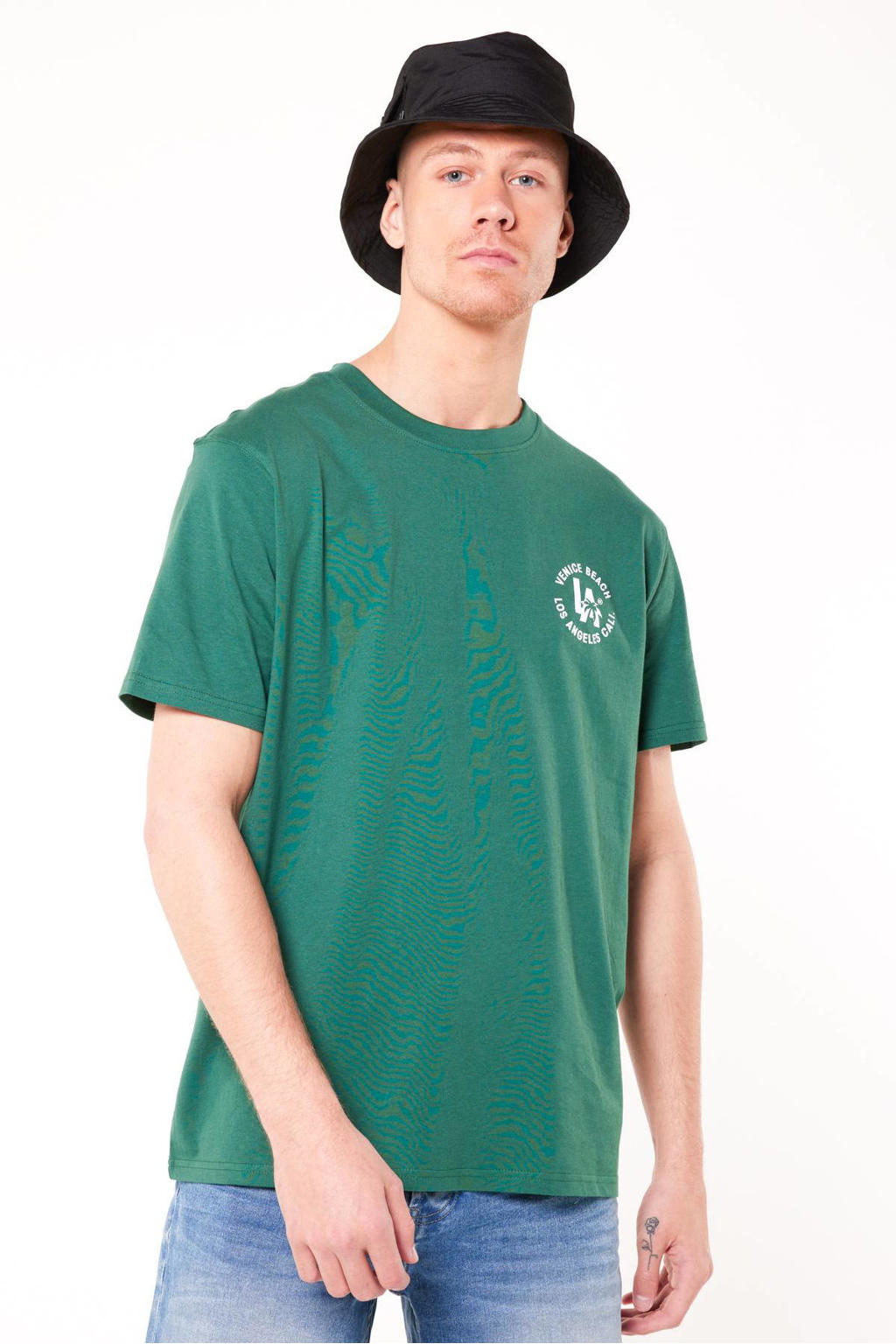 Groene heren America Today regular fit T-shirt Ellis van katoen met printopdruk, korte mouwen en ronde hals