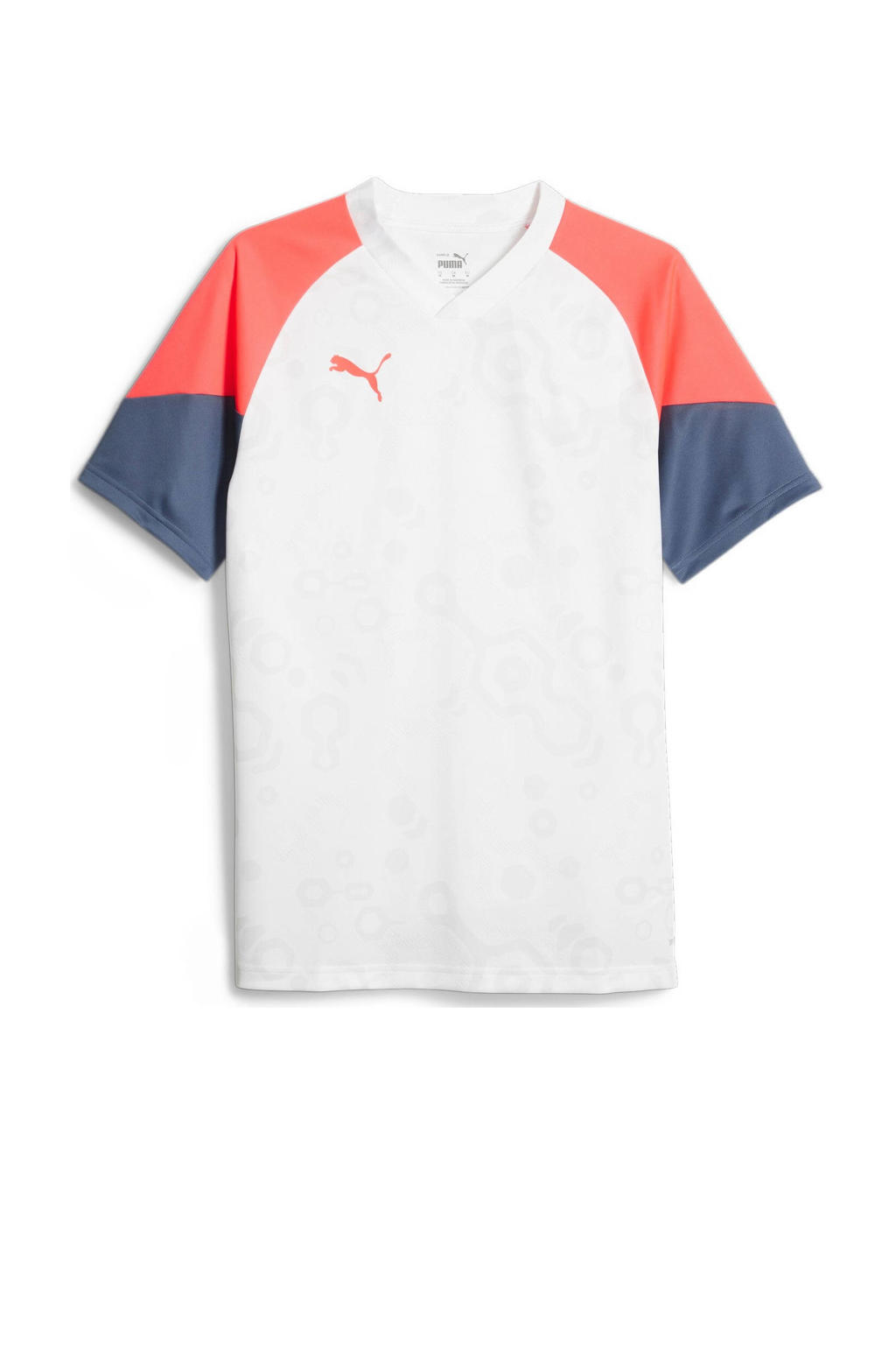 Wit, rood en donkerblauwe heren Puma voetbalshirt van polyester met meerkleurige print, korte mouwen en V-hals