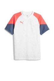 thumbnail: Wit, rood en donkerblauwe heren Puma voetbalshirt van polyester met meerkleurige print, korte mouwen en V-hals
