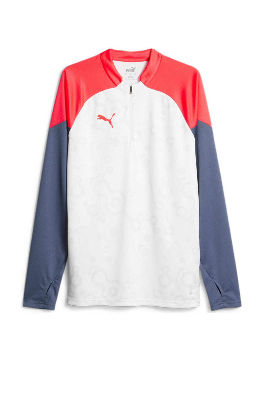 Wit, rood en donkerblauwe heren Puma voetbalshirt van polyester met meerkleurige print, lange mouwen, ronde hals en halve rits