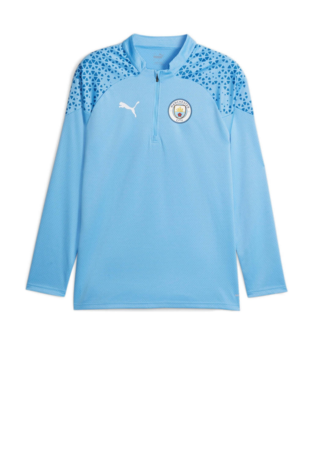Blauwe heren Puma Manchester City training voetbalshirt van gerecycled polyester met logo dessin, lange mouwen, ronde hals en halve rits