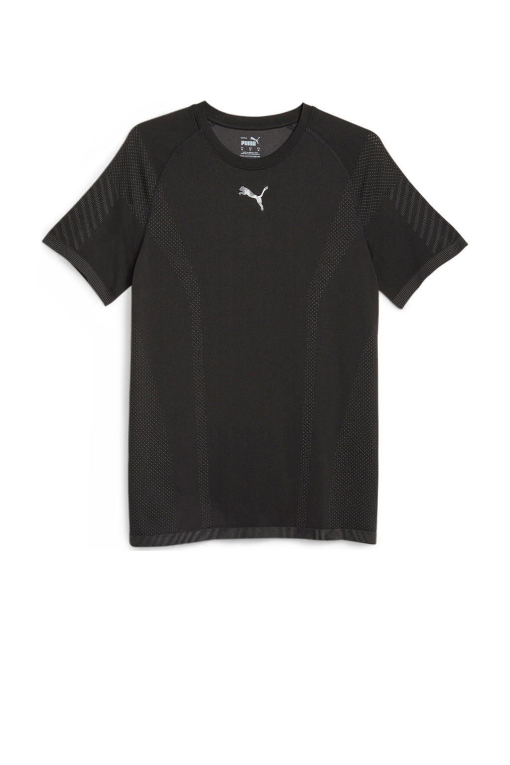 Zwarte heren Puma sport T-shirt van polyester met logo dessin, korte mouwen en ronde hals