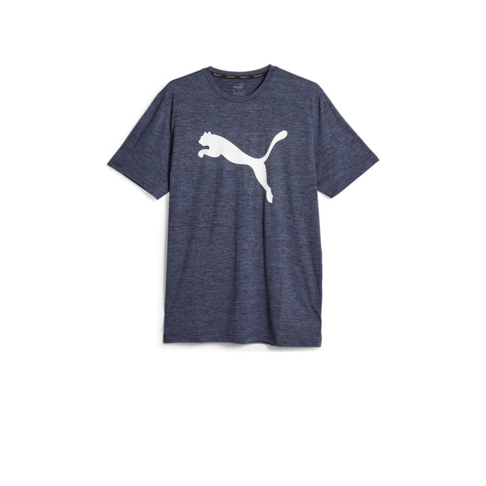Blauwe heren Puma sportshirt van polyester met logo dessin, korte mouwen en ronde hals