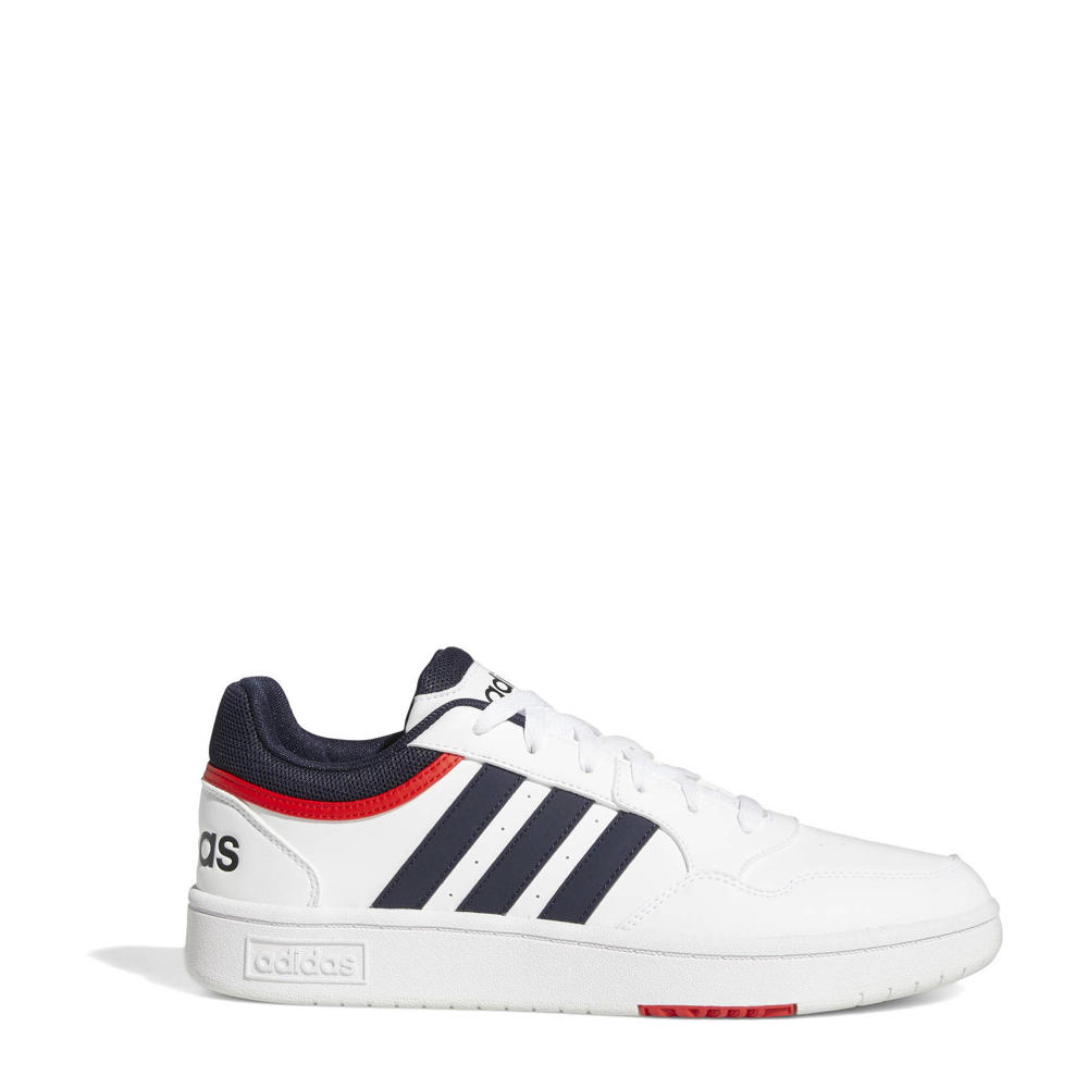 Wit, donkerblauw en rode heren adidas Sportswear Hoops 3.0 sneakers van imitatieleer/textiel met veters en effen