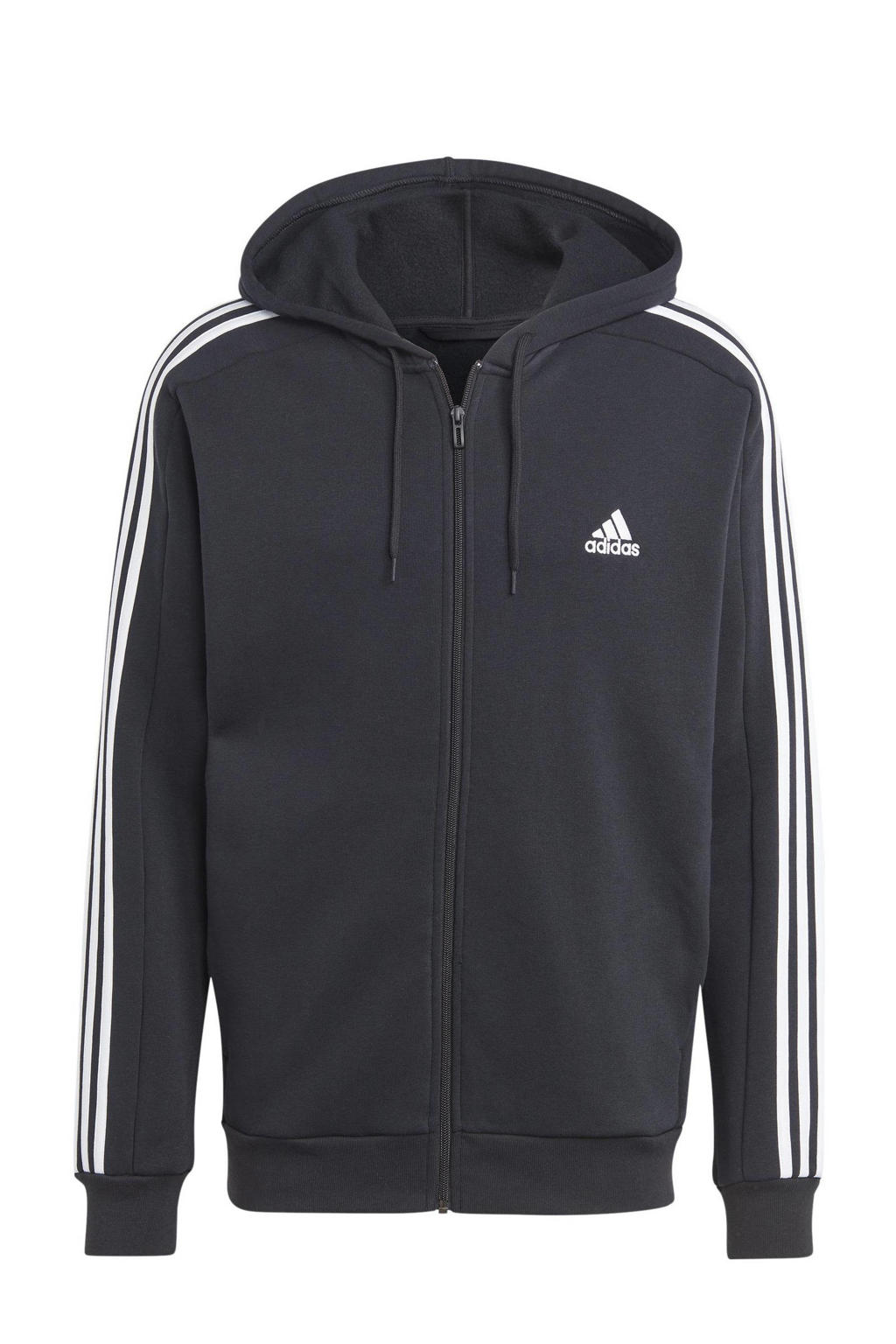 Zwarte heren adidas Sportswear fleece vest met logo dessin, lange mouwen, capuchon en ritssluiting