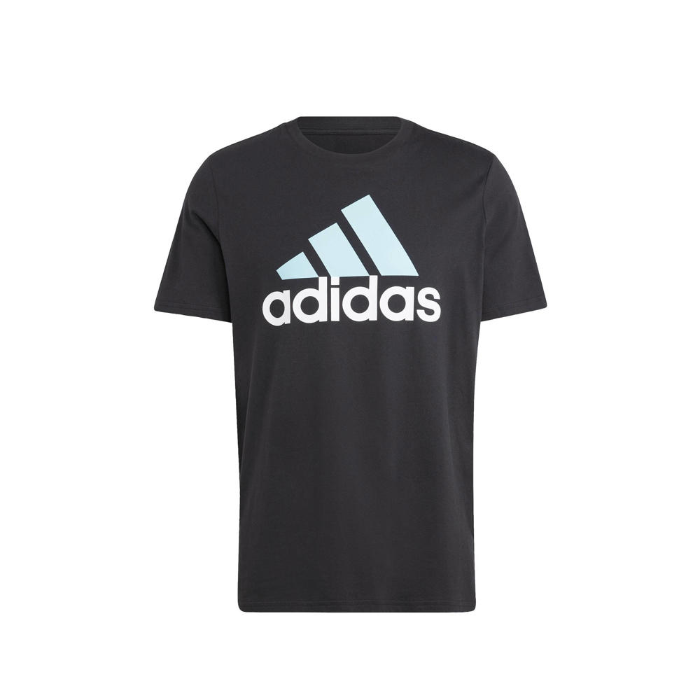 Zwart en aqua heren adidas Sportswear T-shirt van katoen met logo dessin, korte mouwen en ronde hals