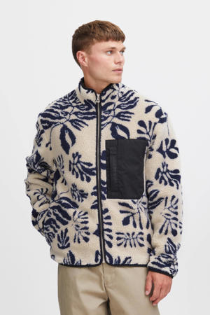 fleece jas met all over print ecru blauw