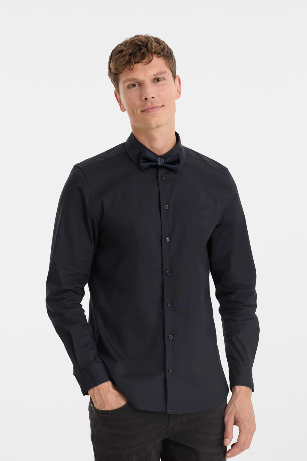 anytime Slim fit overhemd met vlinderstrik donkerblauw