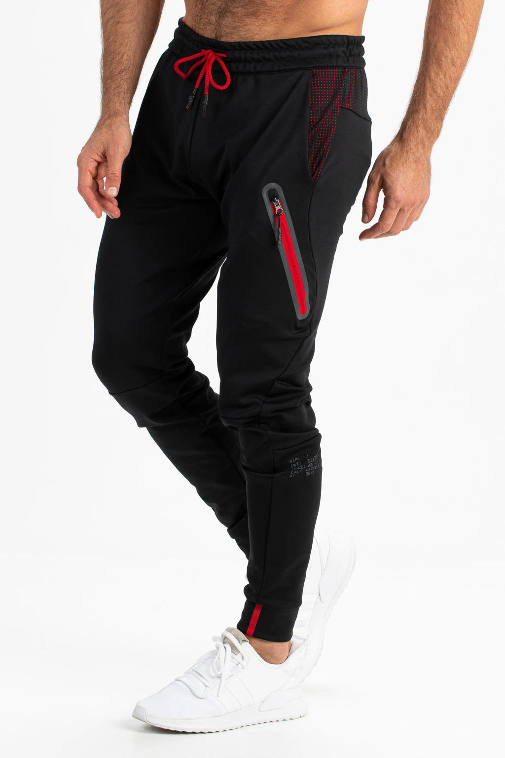 Zwart en rode heren Sjeng Sports sportbroek Yann van polyester met elastische tailleband met koord