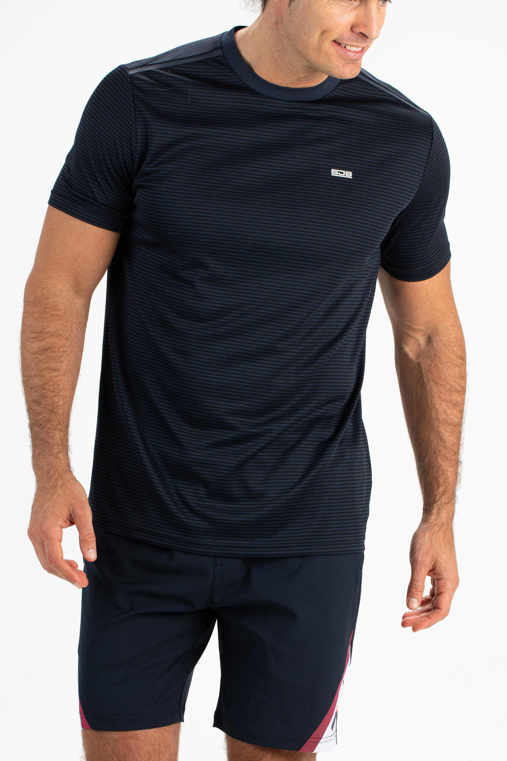 Donkerblauwe heren Sjeng Sports sport T-shirt Tex van polyester met korte mouwen en ronde hals