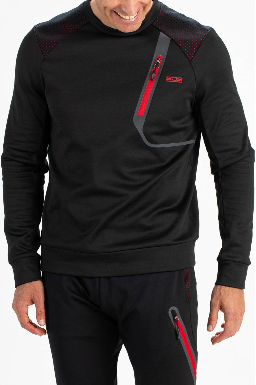 Zwart en rode heren Sjeng Sports sportsweater Vinnie van polyester met lange mouwen en ronde hals