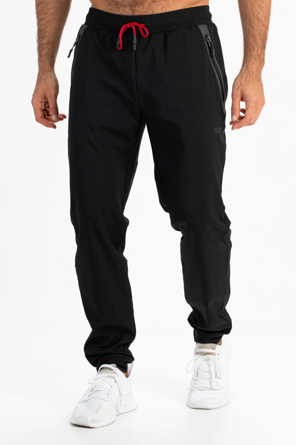 Zwarte heren Sjeng Sports sportbroek Young van polyester met regular fit en elastische tailleband met koord