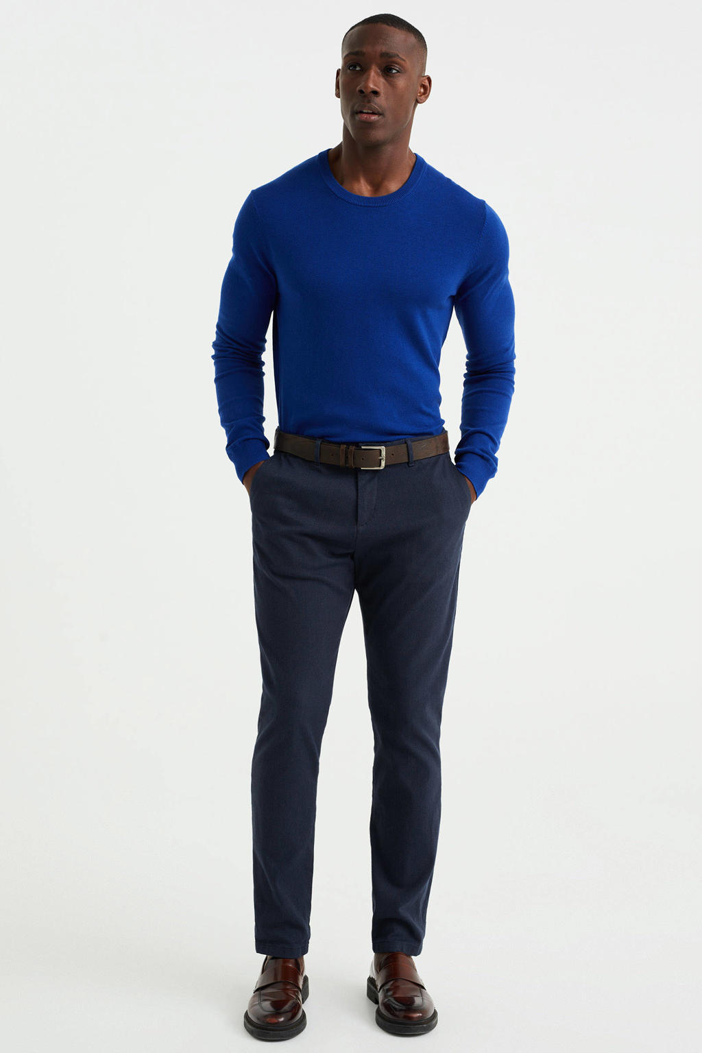 Blauwe heren WE Fashion trui van katoen met lange mouwen en ronde hals
