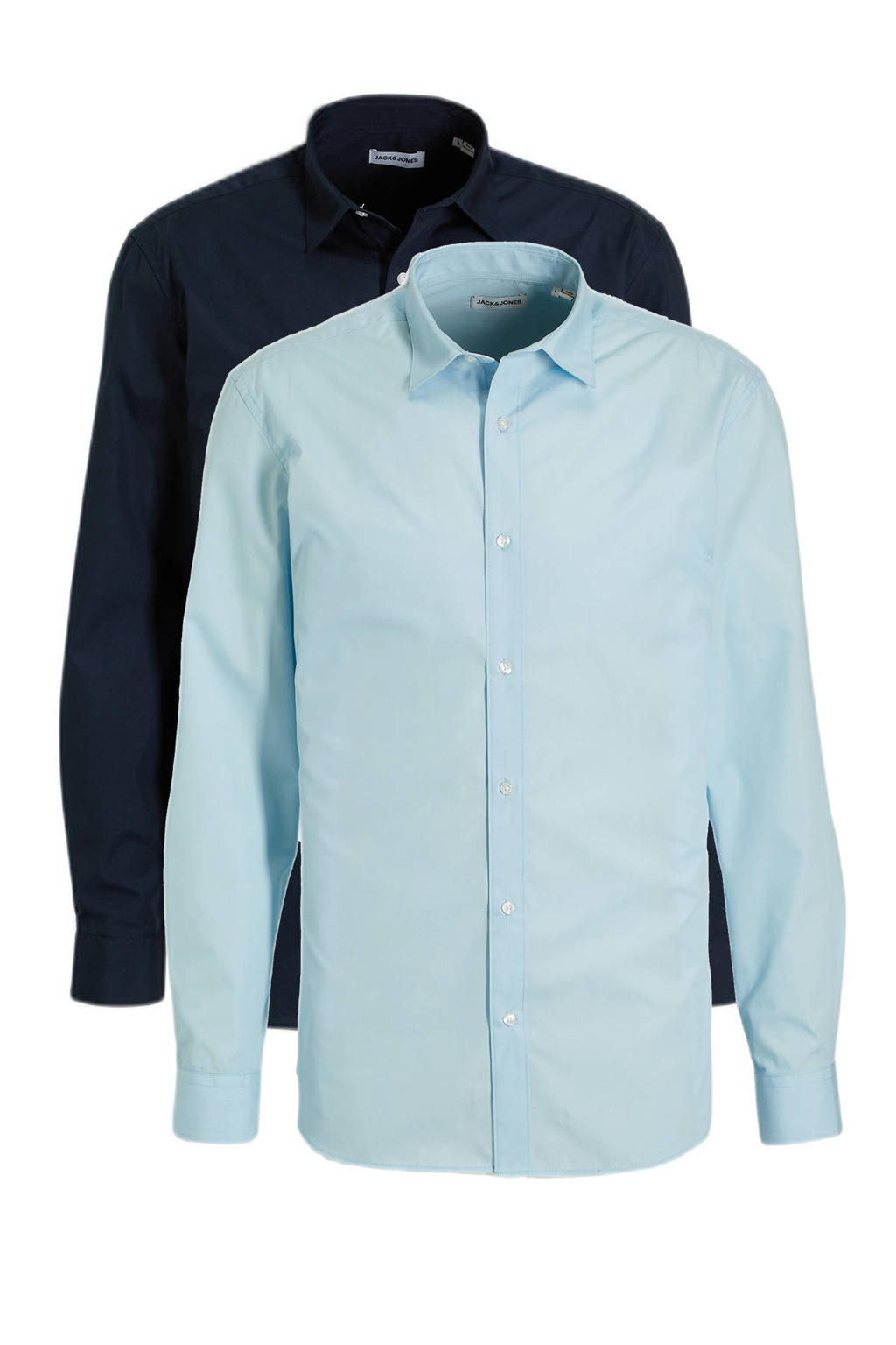 Set van 2 blauwe heren JACK & JONES overhemd van polyester met lange mouwen, klassieke kraag en knoopsluiting