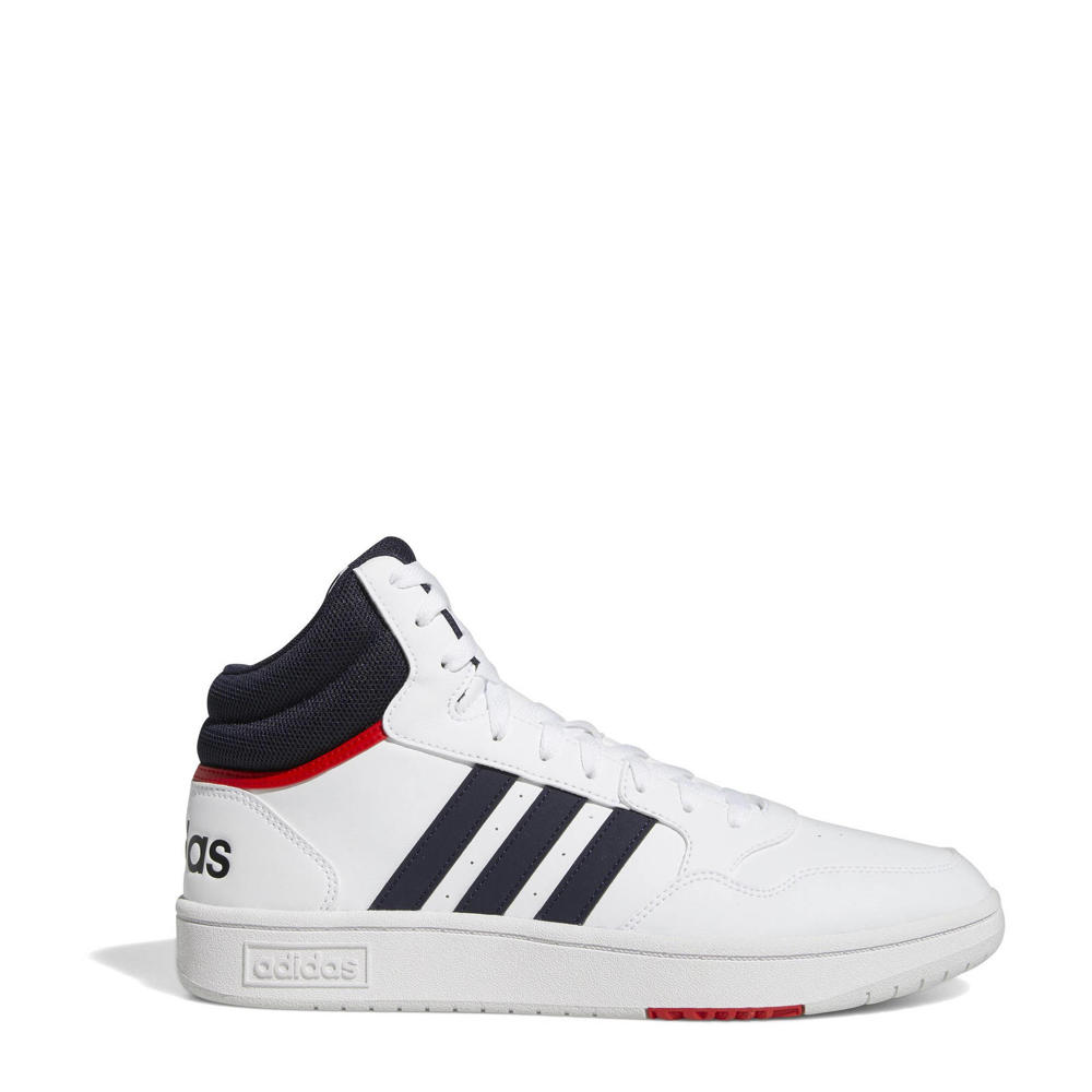 Wit, donkerblauw en rode heren adidas Sportswear Hoops Mid 3.0 sneakers van imitatieleer/textiel met veters