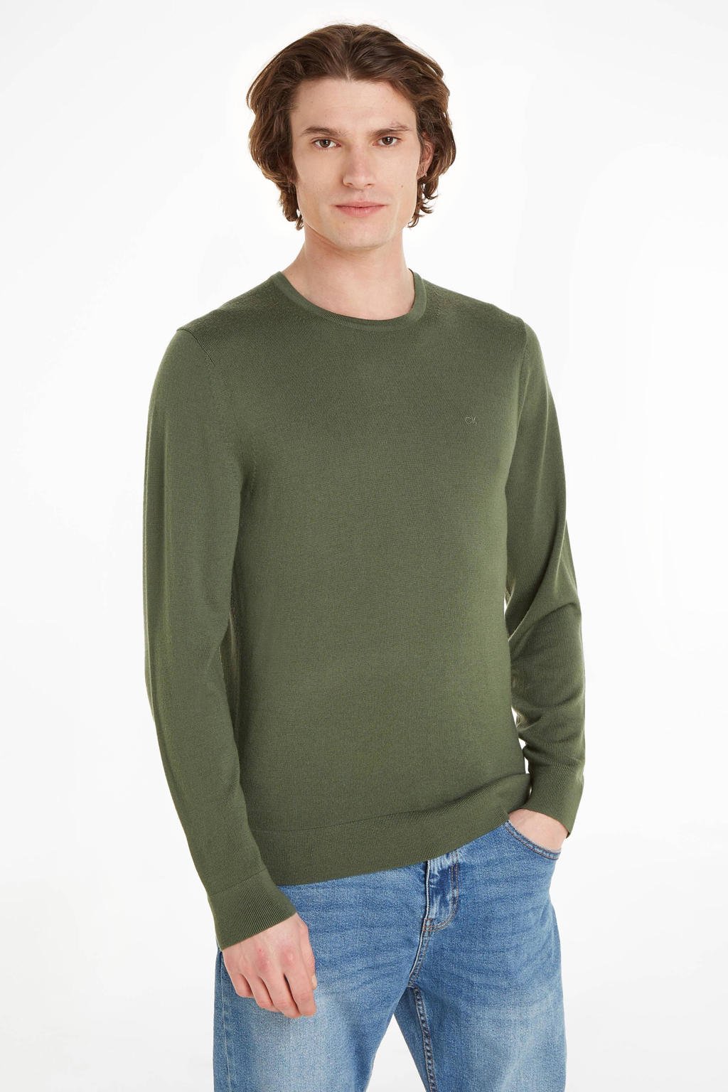 Groene heren Calvin Klein fijngebreide trui van merinowol en logo met lange mouwen en ronde hals
