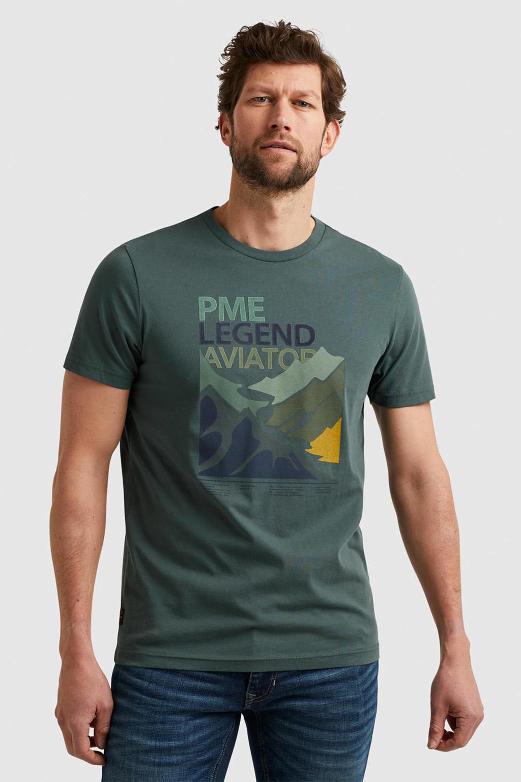 Groene heren PME Legend regular fit T-shirt van katoen met printopdruk, korte mouwen en ronde hals