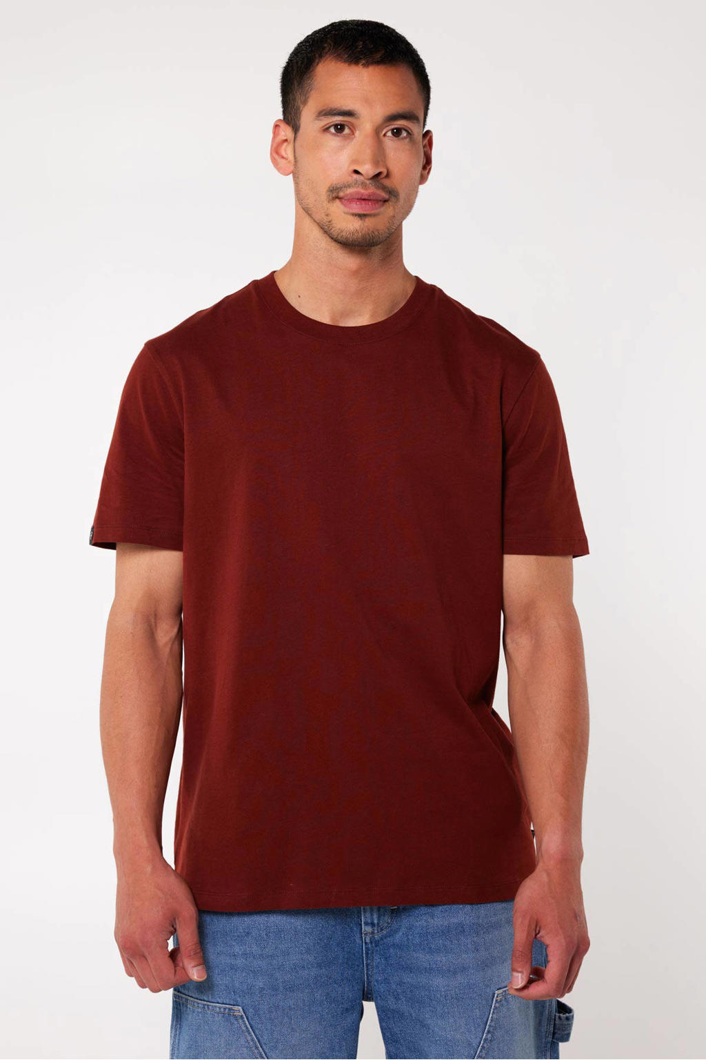 Bruine heren America Today regular fit T-shirt van katoen met korte mouwen en ronde hals