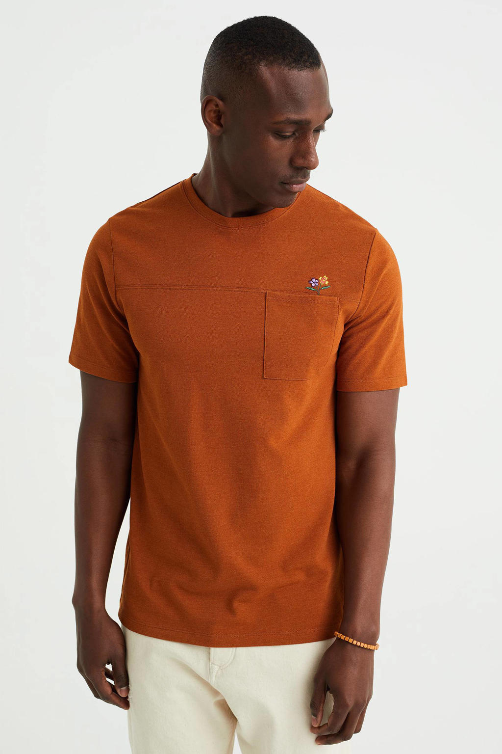 Oranje heren WE Fashion regular fit T-shirt van katoen met logo dessin, korte mouwen en ronde hals