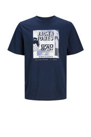 thumbnail: Donkerblauwe heren JACK & JONES CORE regular fit T-shirt van katoen met printopdruk, korte mouwen en ronde hals