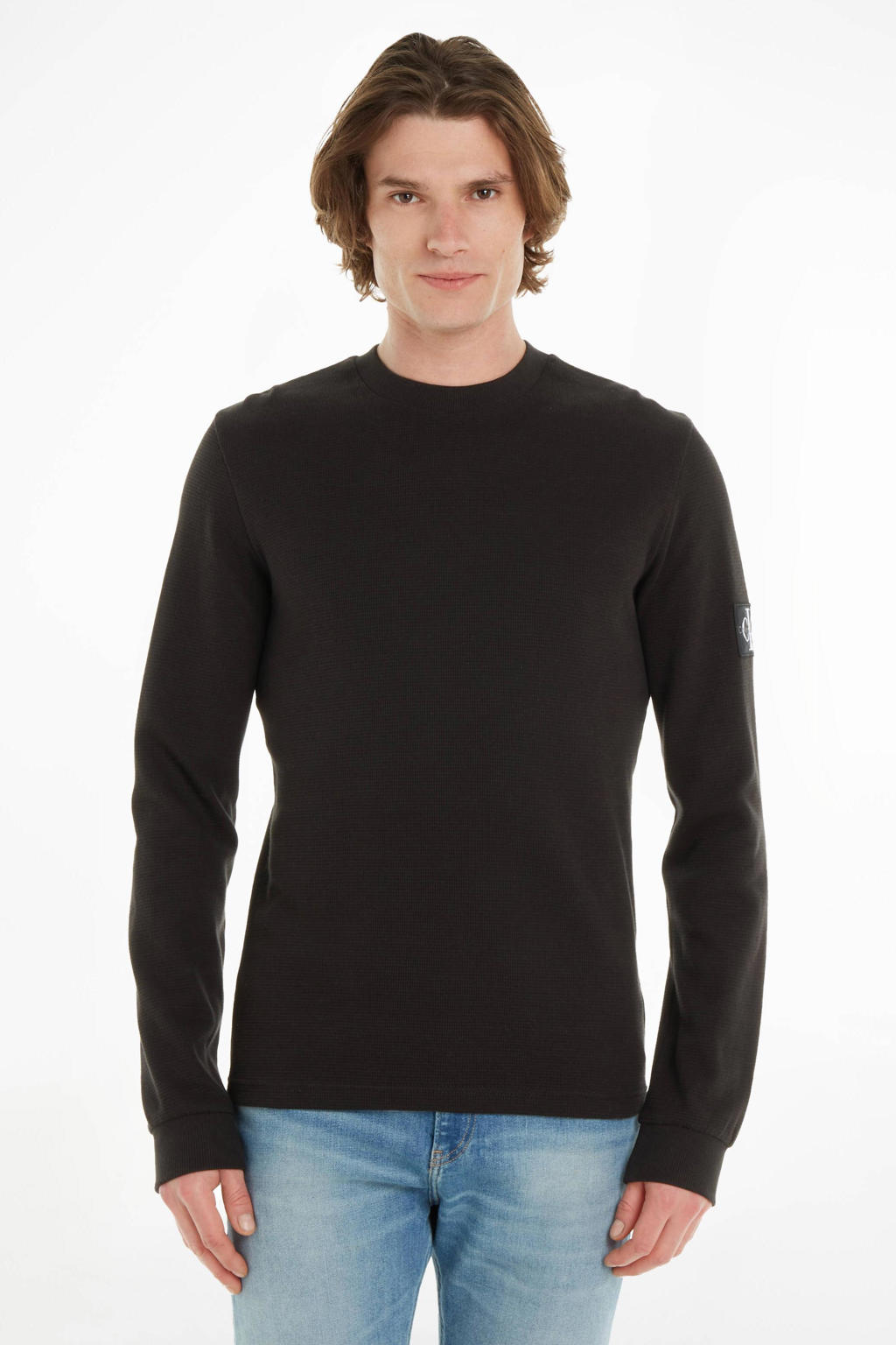 Zwarte heren CALVIN KLEIN JEANS longsleeve Waffle van katoen met lange mouwen, ronde hals en ingebreid patroon