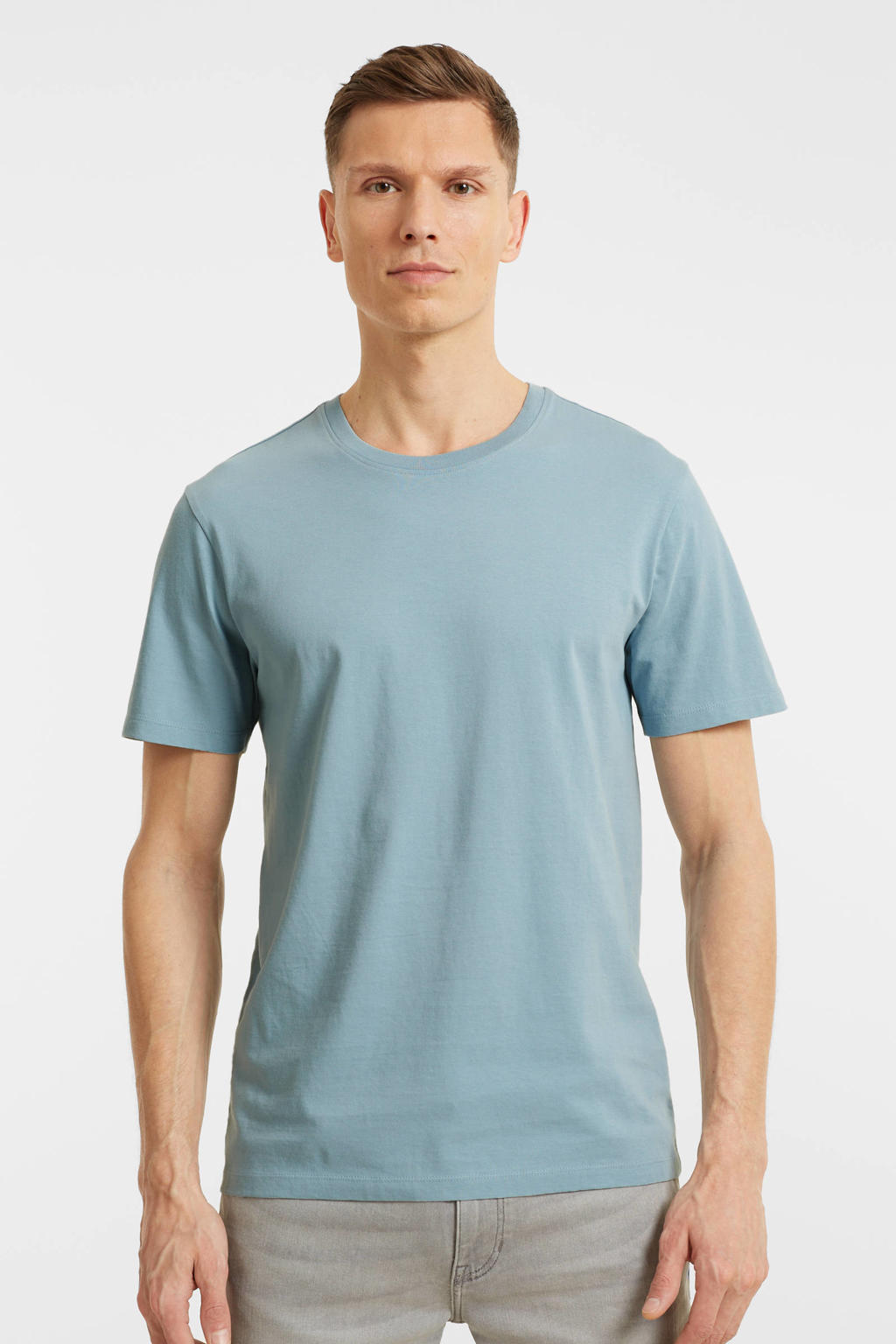 Grijsblauwe heren anytime T-shirt van katoen met effen, korte mouwen, ronde hals en geweven detail