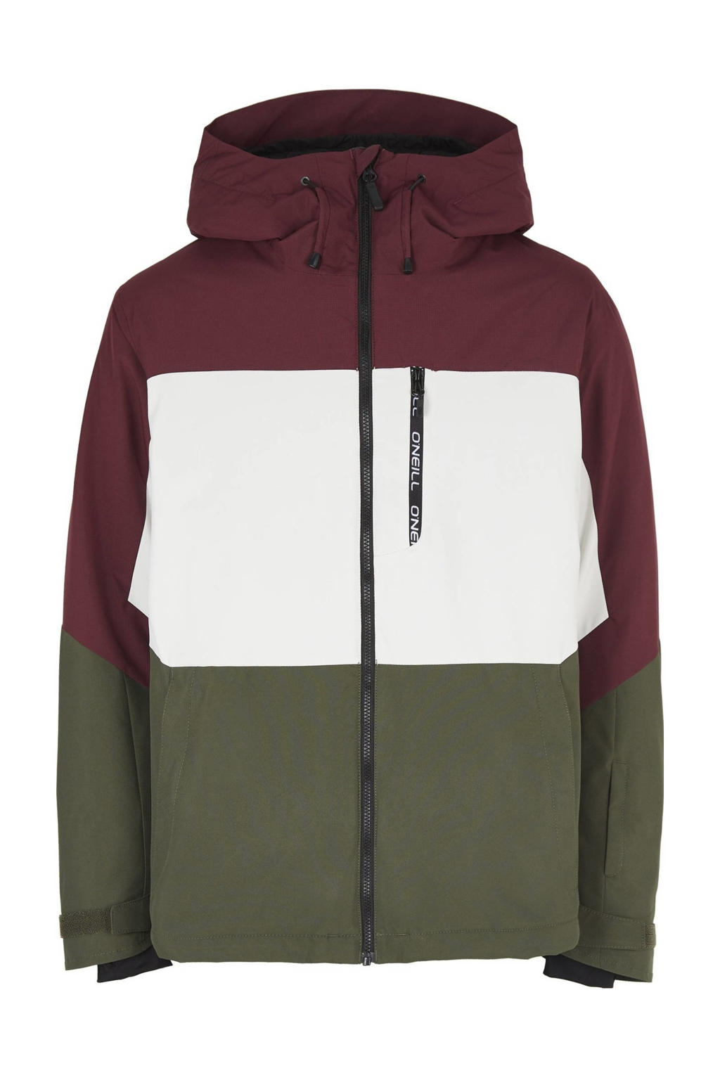 Bordeaux, wit en kakikleurige heren O'Neill ski-jack Carbonite van polyester met meerkleurige print, capuchon en ritssluiting