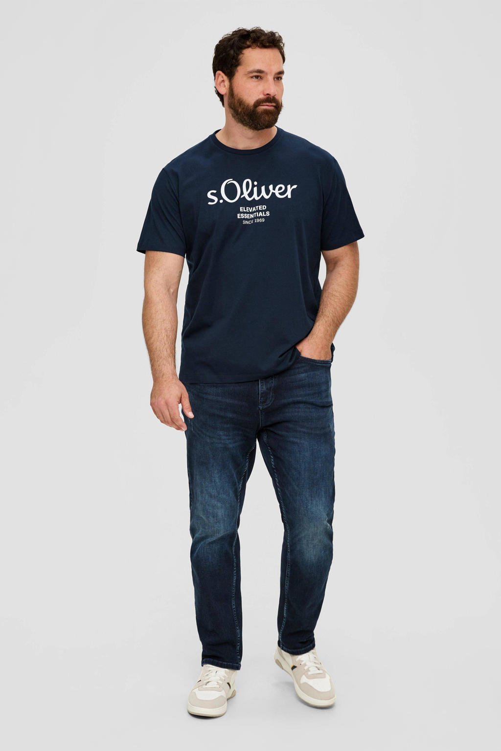 Donkerblauw, blauw en zwarte heren s.Oliver Big Size regular fit T-shirt Plus Size van katoen met printopdruk, korte mouwen en ronde hals