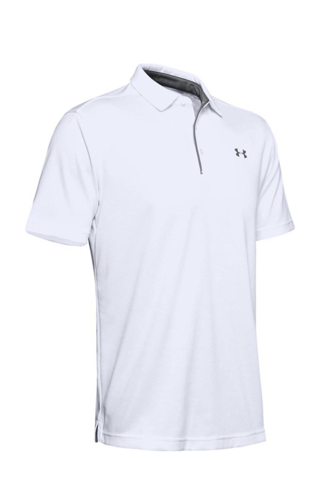 Witte heren Under Armour golfpolo Tech van polyester met effen, korte mouwen, klassieke kraag en knoopsluiting