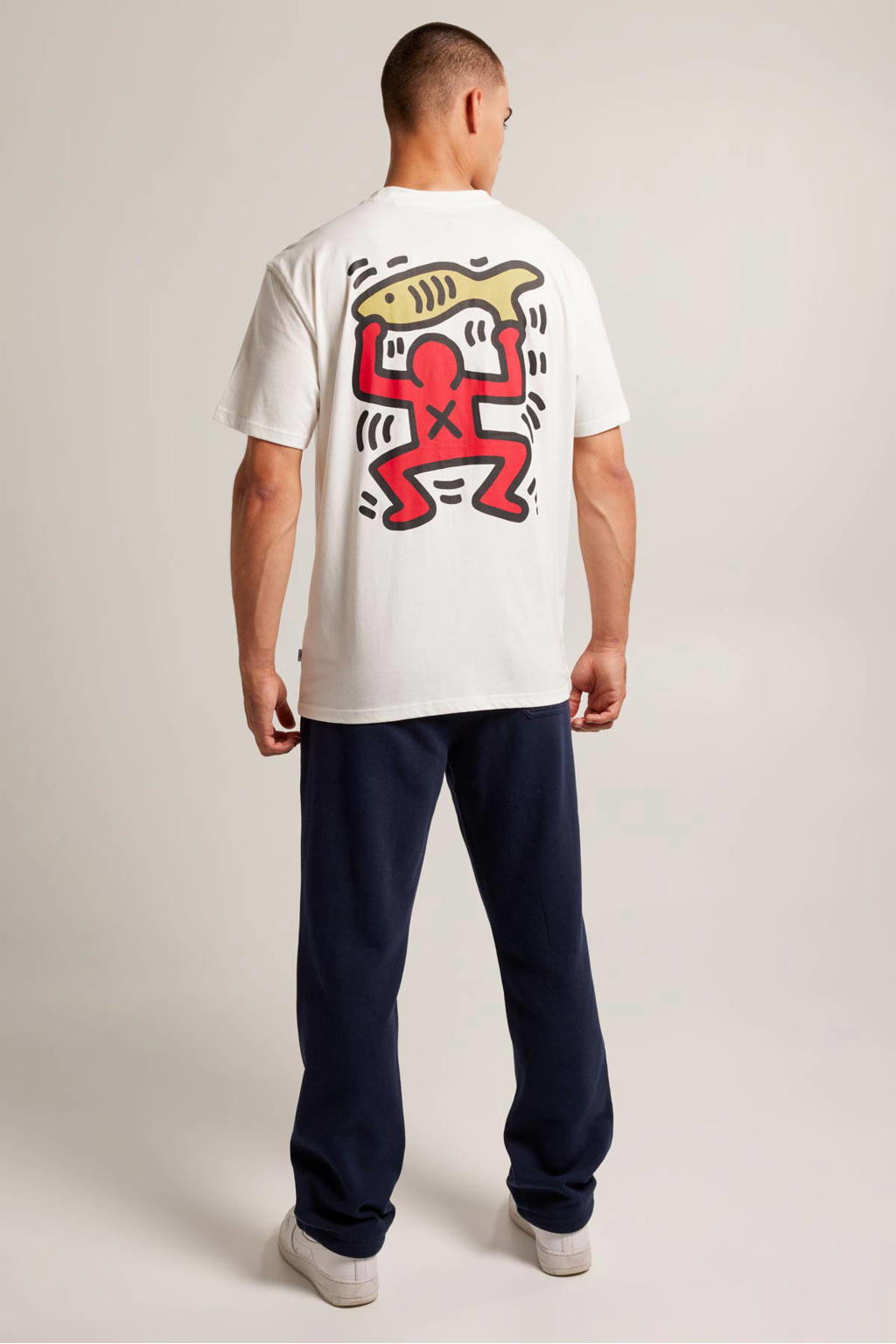 Ecru heren America Today oversized T-shirt Emery van katoen met backprint, korte mouwen en ronde hals