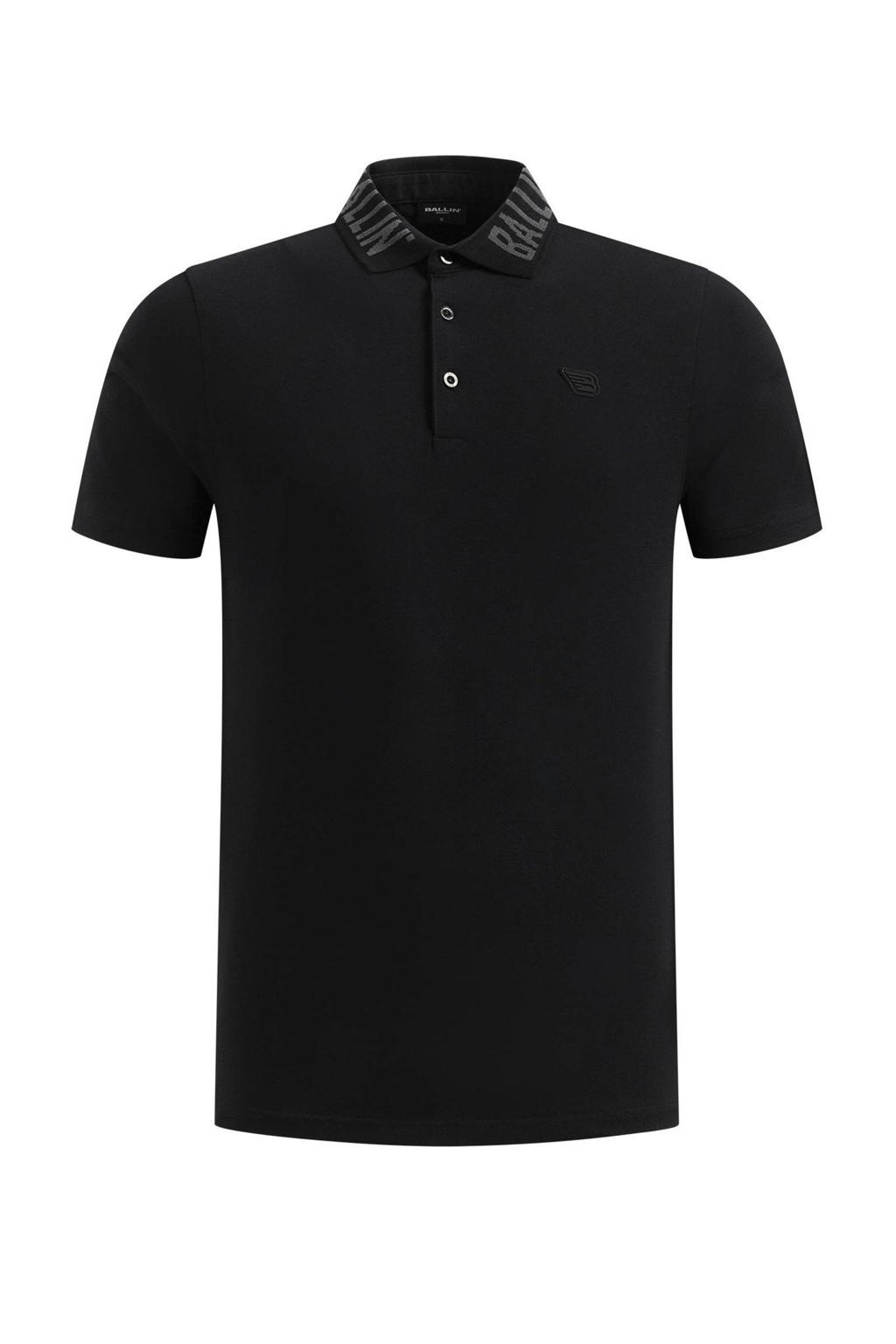 Zwarte heren Ballin polo van katoen met logo dessin, korte mouwen en klassieke kraag