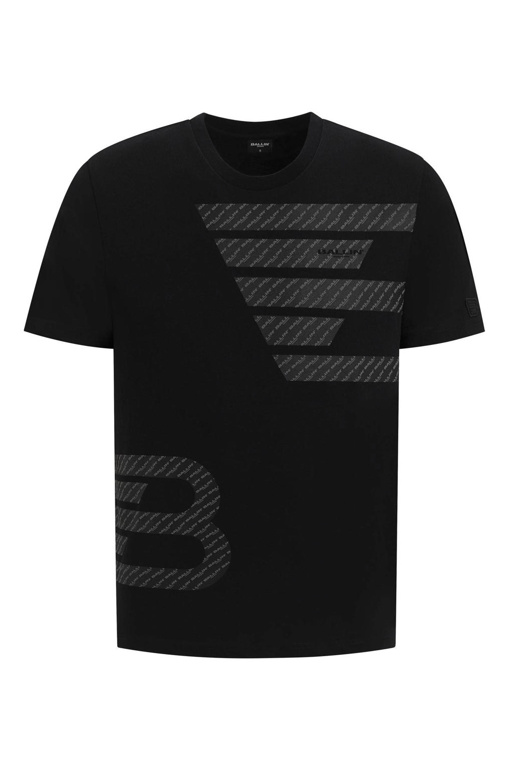 Zwarte heren Ballin T-shirt van katoen met printopdruk, korte mouwen en ronde hals