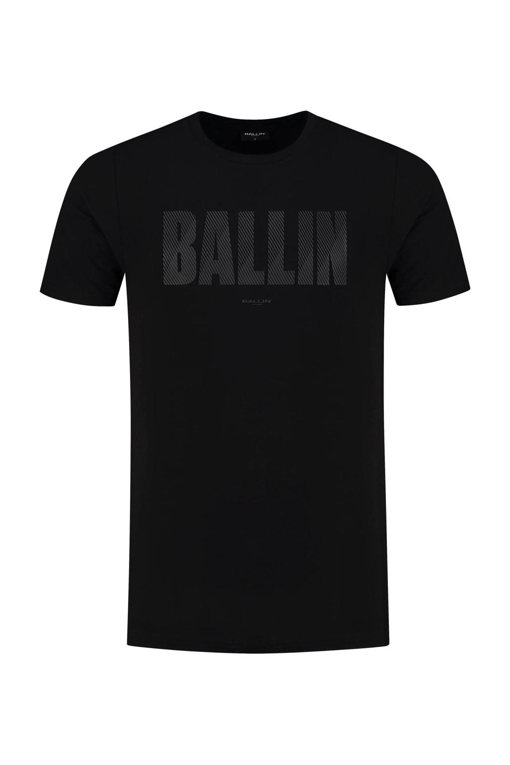 Zwarte heren Ballin T-shirt van katoen met printopdruk, korte mouwen en ronde hals