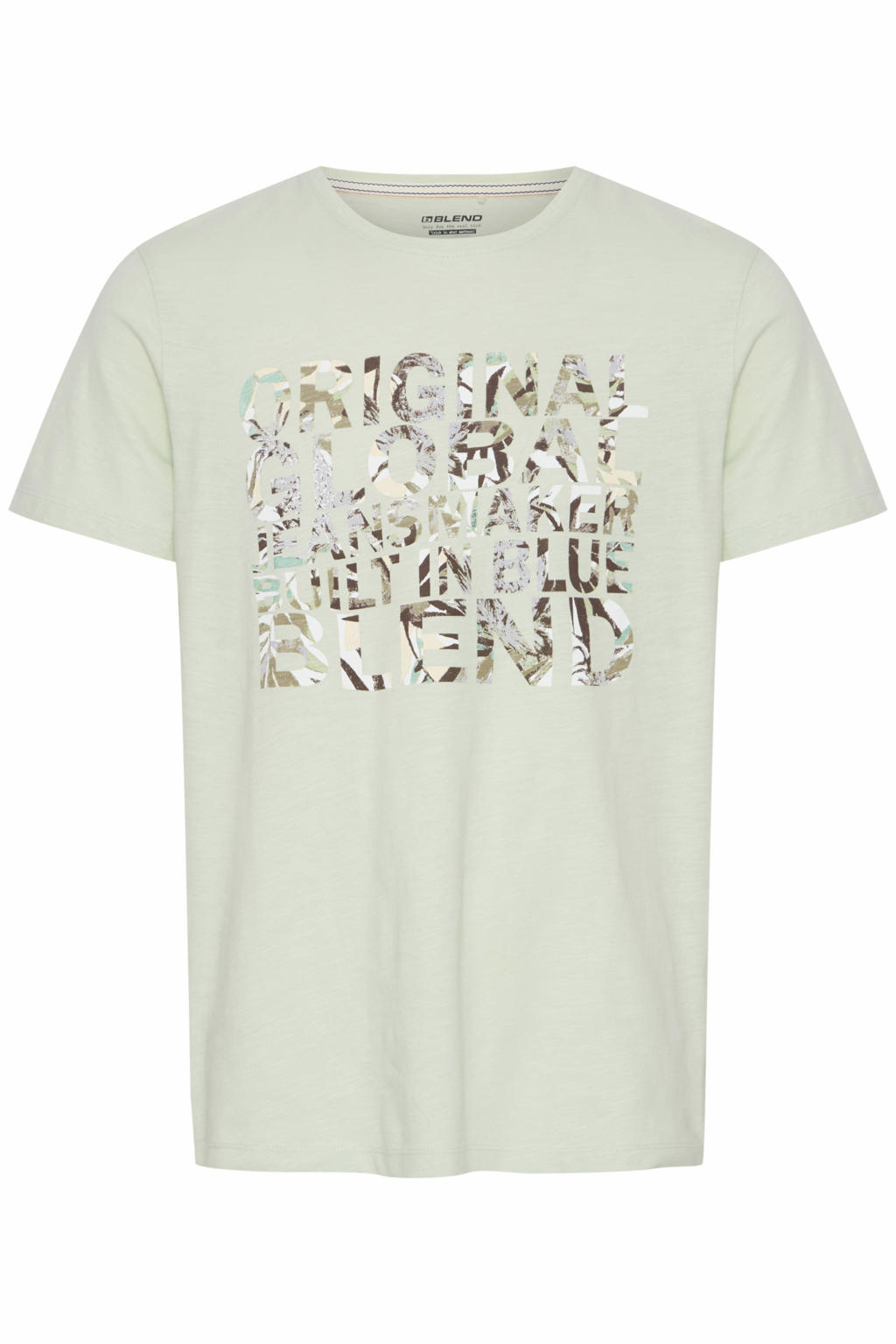 Lichtgroene heren Blend regular fit T-shirt van katoen met printopdruk, korte mouwen en ronde hals