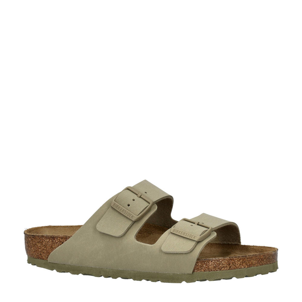 Kakikleurige heren Birkenstock Arizona slippers van imitatieleer met gesp en effen
