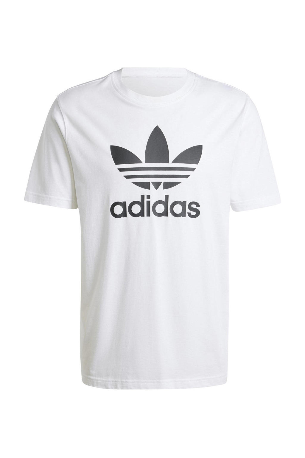 Witte heren adidas Originals T-shirt Trefoil van katoen met logo dessin, korte mouwen en ronde hals