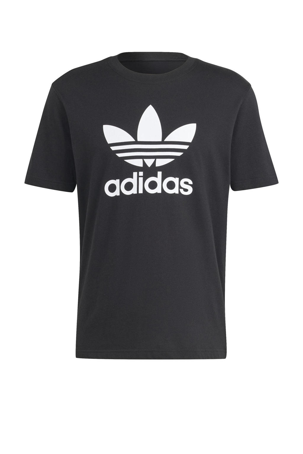 Zwarte heren adidas Originals T-shirt Trefoil van katoen met logo dessin, korte mouwen en ronde hals