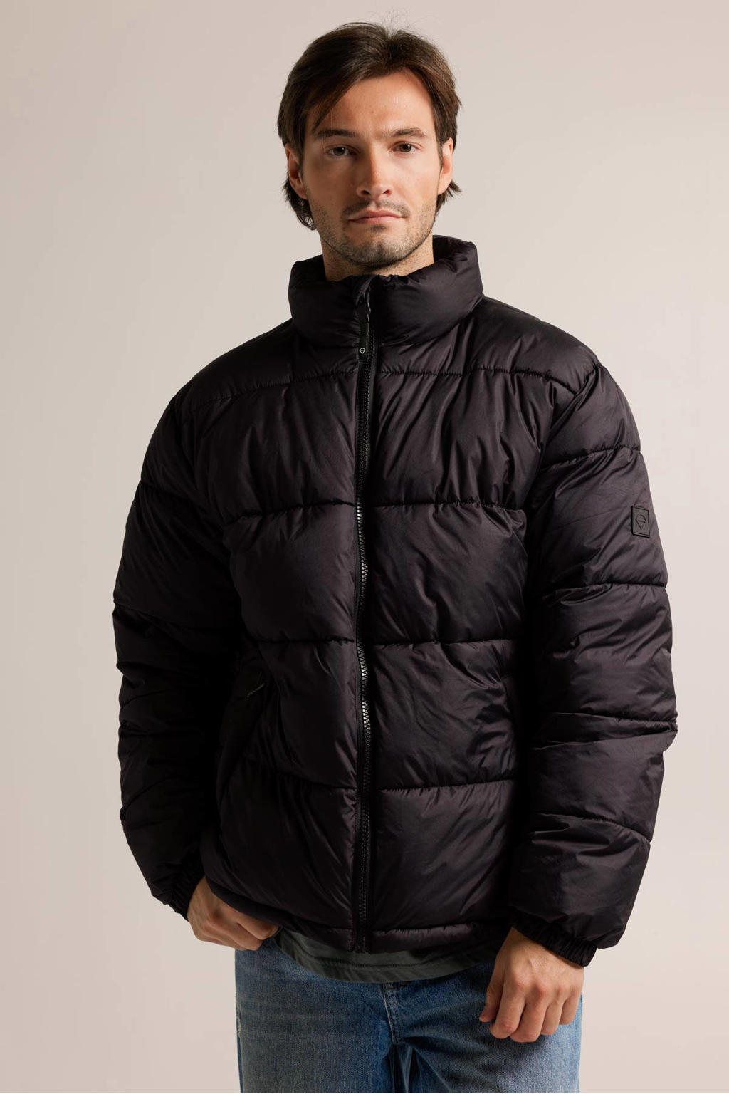 Zwarte heren America Today gewatteerde winterjas Jasper van polyester met lange mouwen, opstaande kraag en ritssluiting