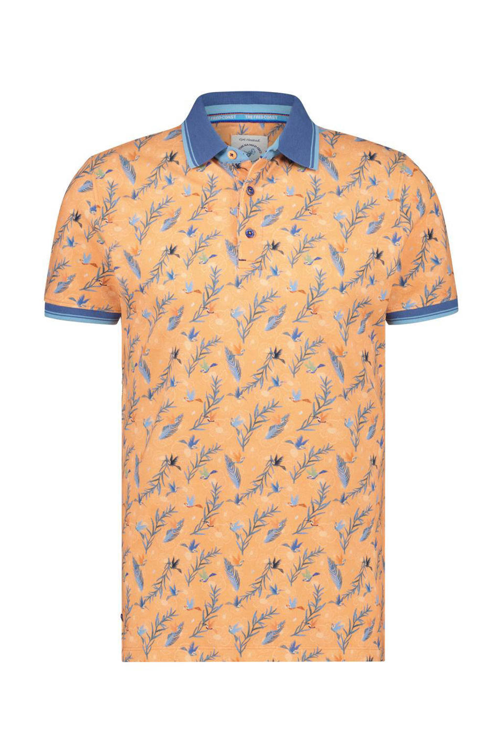 Oranje heren A fish named Fred polo met korte mouwen, klassieke kraag en contrast bies