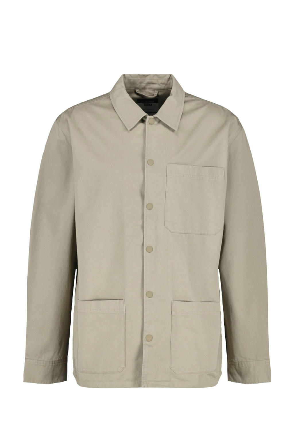 Zandkleurige heren America Today regular fit overshirt van katoen met effen, lange mouwen, klassieke kraag en drukknoopsluiting