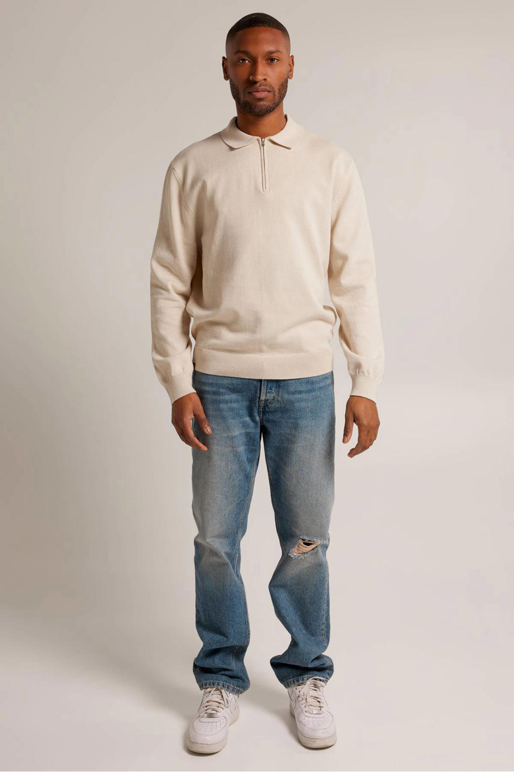 Beige heren America Today fijngebreide trui Karter met effen, lange mouwen, klassieke kraag en halve rits
