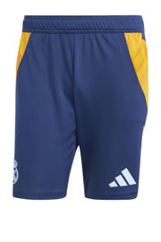 thumbnail: Blauw en oranje heren adidas Performance Senior Real Madrid voetbalshort training van polyester met regular fit, elastische tailleband met koord en logo dessin