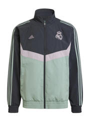 thumbnail: Donkerblauw en mintgroene heren adidas Performance Senior Real Madrid trainingsjack van polyamide met lange mouwen, opstaande kraag en ritssluiting